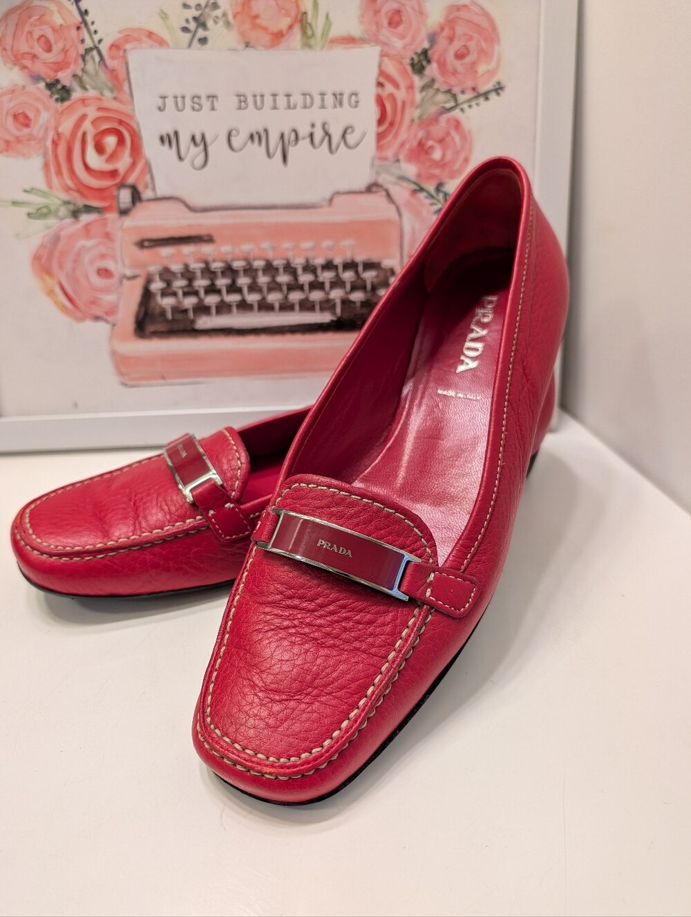 ❤️ Vintage Prada Pebble Leather Slip On Loafers with Metal Logo Bar, 🍒 Red 38.5